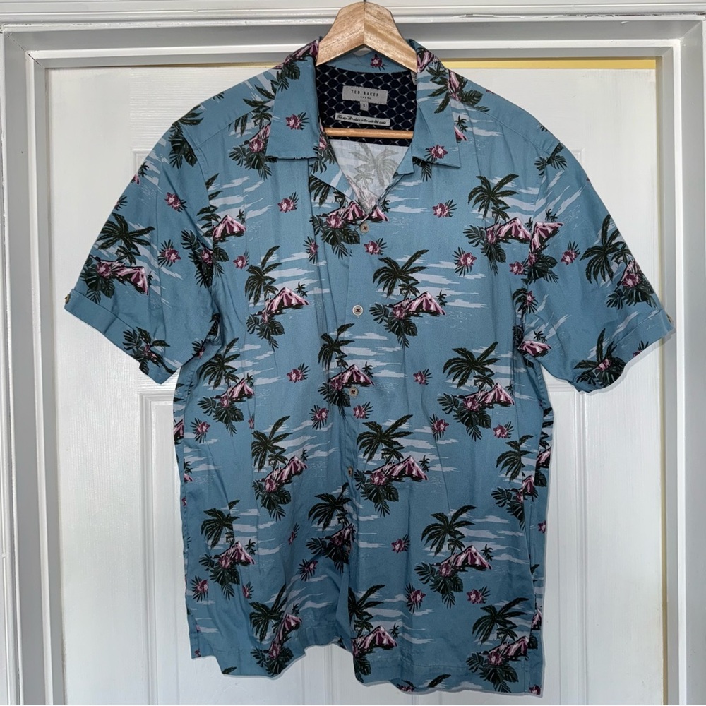 Ted Baker Button Down Short Sleeve Shirt Cotton Blue Tropical L Hawaiian Print